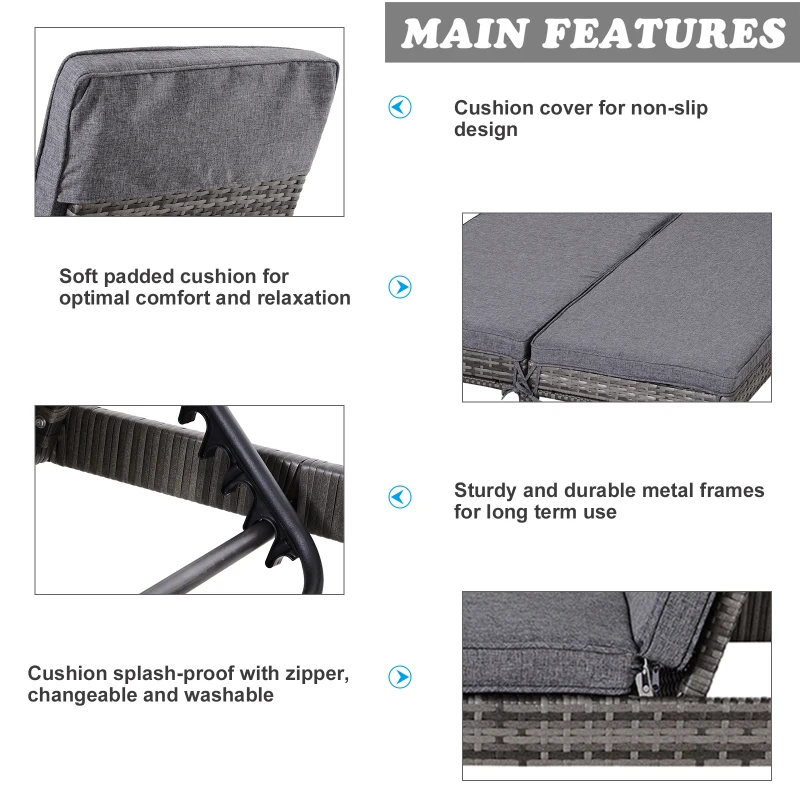 Outsunny Double Rattan Sun Lounger, Garden Daybed with 5-Level Adjustable Backrest, Outdoor Lounge Sunbed with Cushion and Pillows, 2 Seater Wicker Patio Furniture, Grey