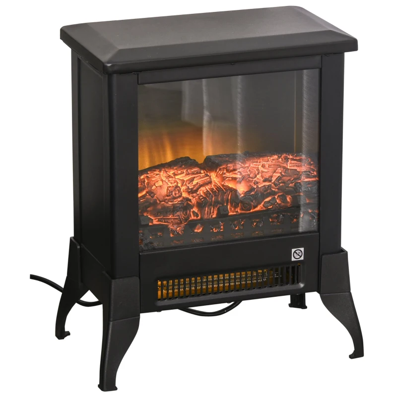 HOMCOM 1800W Freestanding Electric Fire w/ Faux Log Flame Adjustable Heat Thermal Stove Safe Overheating Protection Flame Black