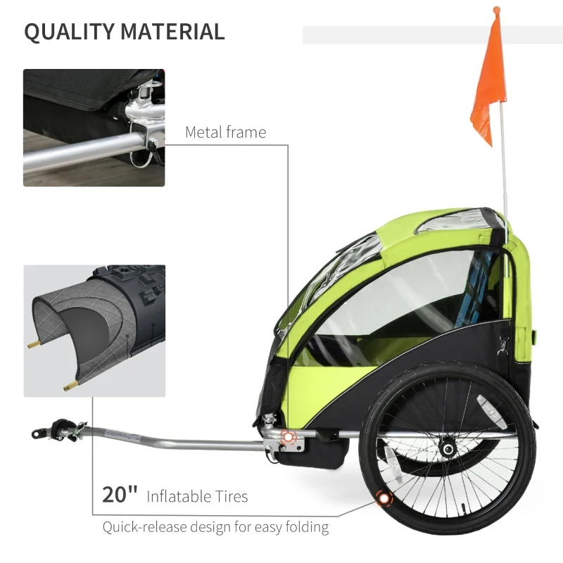 HOMCOM Child Bike Trailer Foldable 2-Seat Baby Transport Carrier with Storage Bag Five-point Safety Harness Hitch Coupler Green