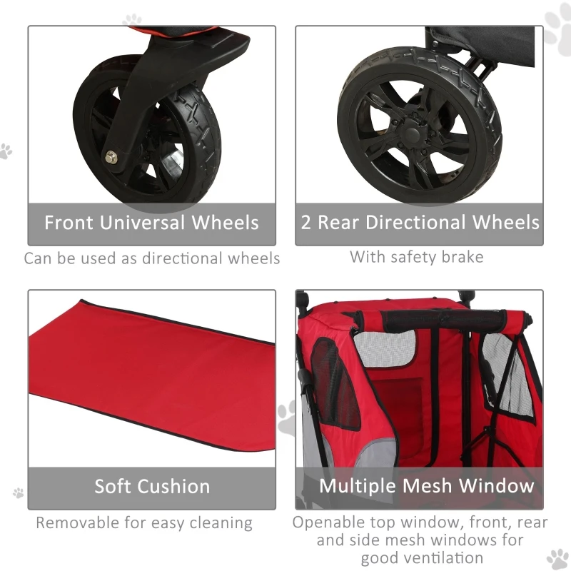 PawHut Dog Stroller Foldable Pet Trolley Pushchair Carrier Adjustable Handlebar for Medium Large Dogs Red