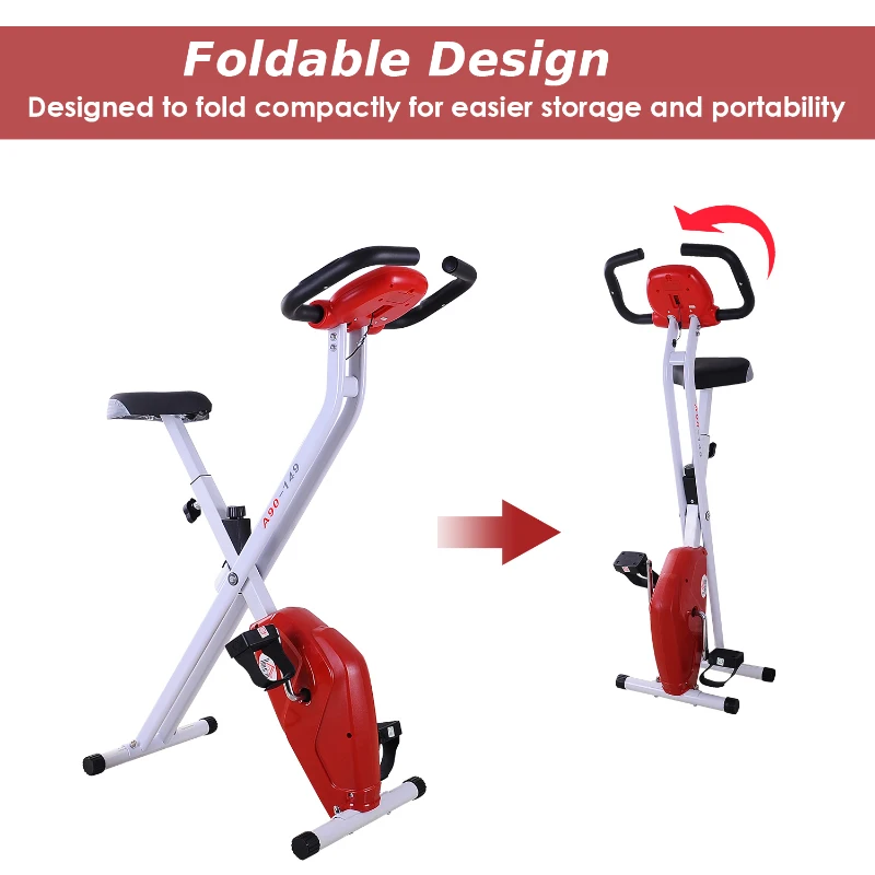 HOMCOM Folding Exercise Bike LCD Monitor Home Gym Exercise Adjustable Tension Padded Seat Heart Rate Monitor Pulse Sensor Red