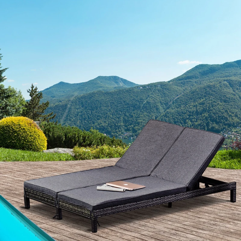 Outsunny Double Rattan Sun Lounger, Garden Daybed with 5-Level Adjustable Backrest, Outdoor Lounge Sunbed with Cushion and Pillows, 2 Seater Wicker Patio Furniture, Grey