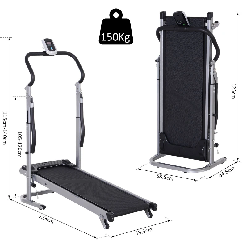 HOMCOM Non-Motorised Manual Treadmill Cardio Fitness Training Foldable Machine w/ Incline Slope LCD Monitor Display Black Silver