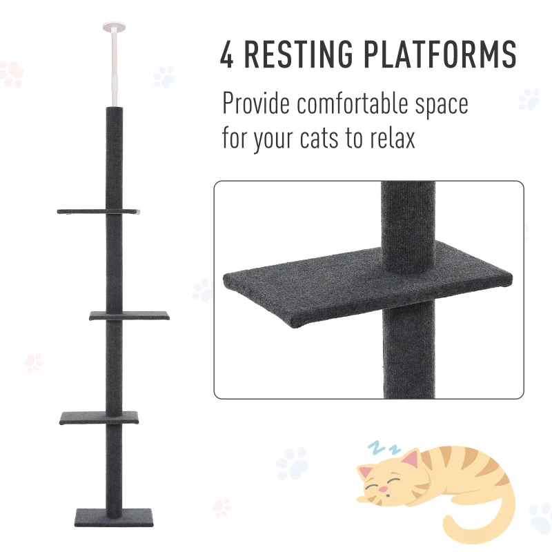 PawHut 260cm Floor To Ceiling Cat Tree for Indoor Cats w/ 3 Perches Flannel Upholstery Kitten Pet Rest Sleep Activity Tower Home Furniture Grey