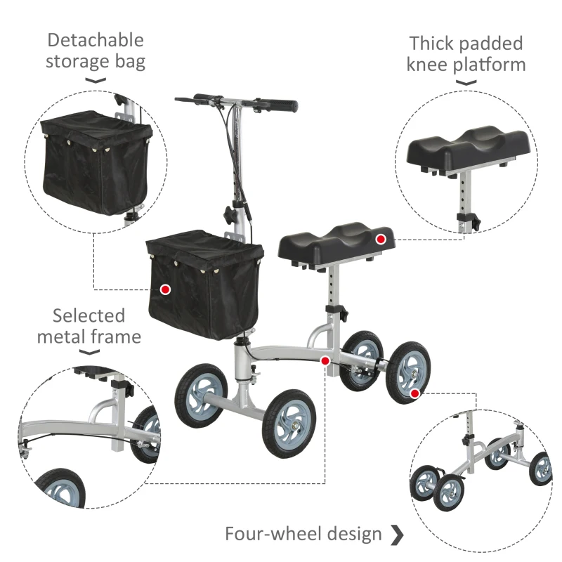 HOMCOM Metal Frame Knee Rehabilitation Scooter w/ Basket Black