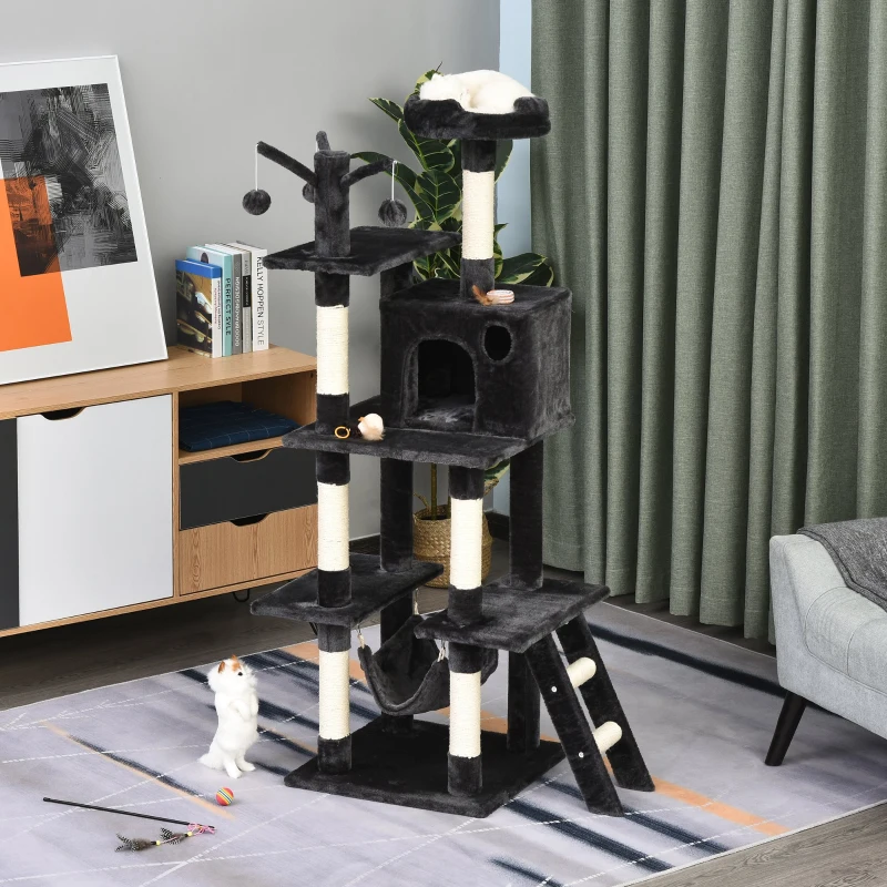 PawHut 155cm Plush Cat Tree for Indoor Cats Activity Center Sisal Scratching Post Basket Hammock Perch Condo Dark Grey