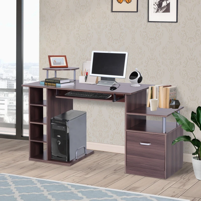 HOMCOM 152Lx60Wx88H cm Workstation W/Drawer, Shelves-Brown