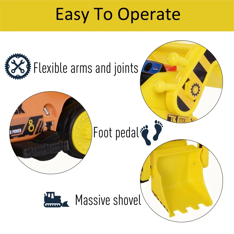 HOMCOM Kids Ride-On Digger Bulldozer Themed Car w/ Lights Horn Music Player and Moving Excavator Yellow