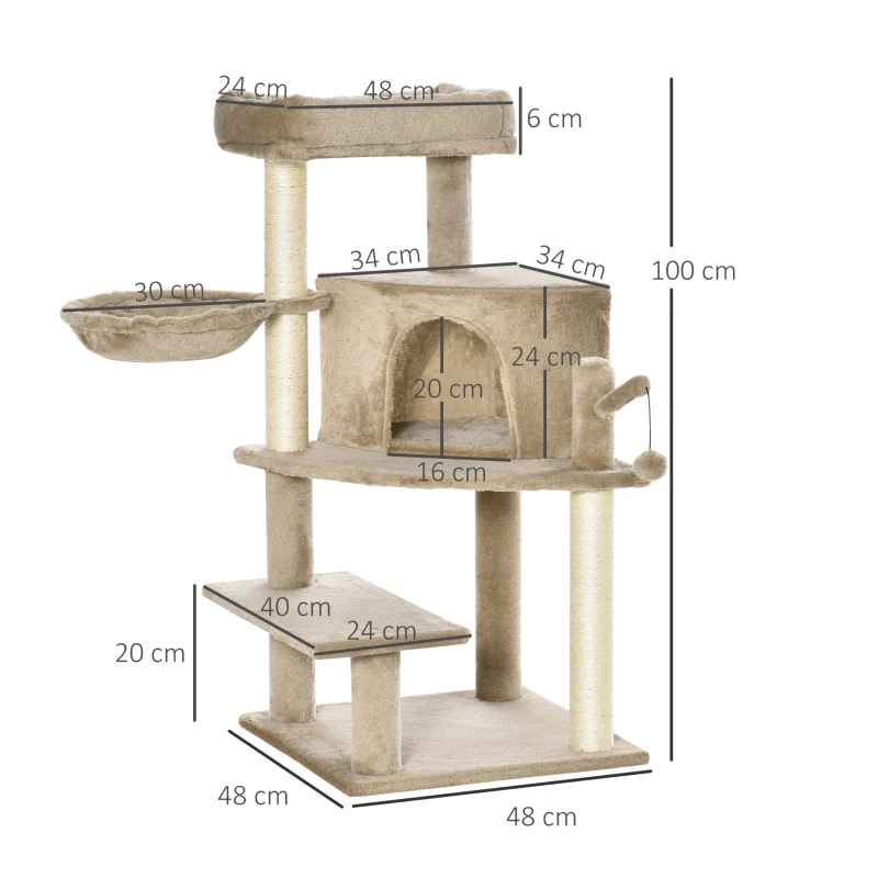 PawHut Cat Tree Tower for Indoor Cats 100cm Climbing Kitten Activity Centre with Sisal Scratching Post Perch Roomy Condo Hammock Bed Hanging Toy, Brown