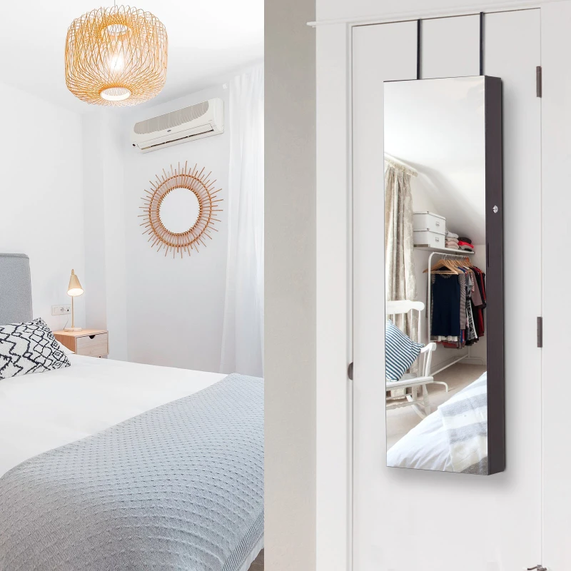 HOMCOM Jewelry Cabinet with Mirror and LED Lights, Lockable Makeup Cosmetics Jewellery Organiser, Mirror with Storage for Bedroom Dressing Room, Walnut