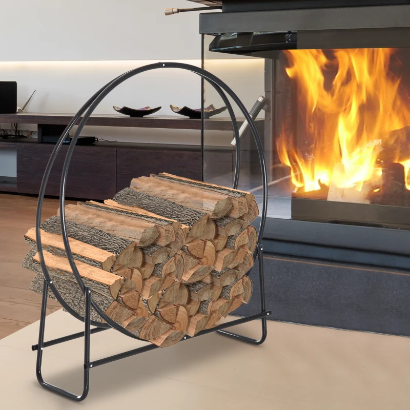 HOMCOM Metal Firewood Log Holder Round Firewood Rack Indoor Outdoor Fireplace Wood Storage Shelf, Black, 102L x 40W x 114H cm