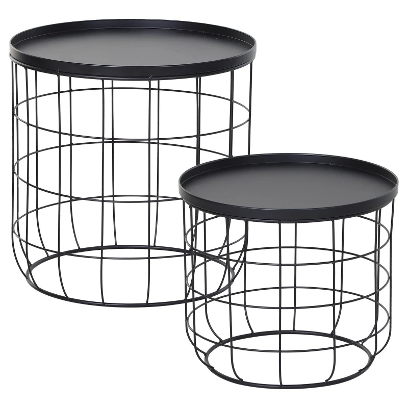 Outsunny Set of 2 Nesting Wire Coffee Side Tables Geometric Design Round for Storage Stacking Home Furniture Modern Decoration - Black