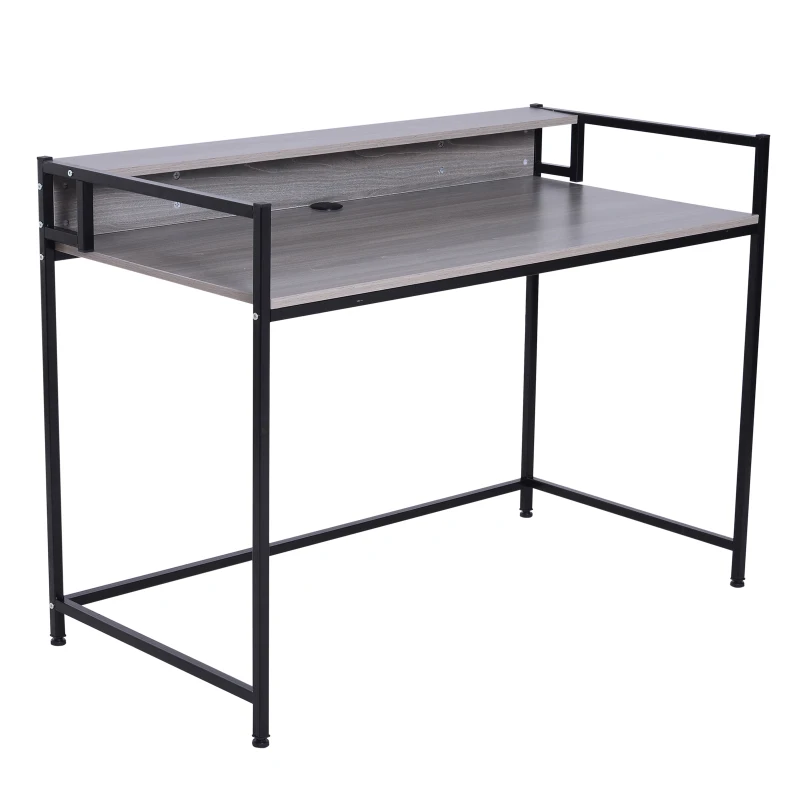 HOMCOM Computer Writing Desk Wood Top Metal Frame PC Laptop Study Table W/ Rasied Shelf Rack Workstation Home Office Grey Oak
