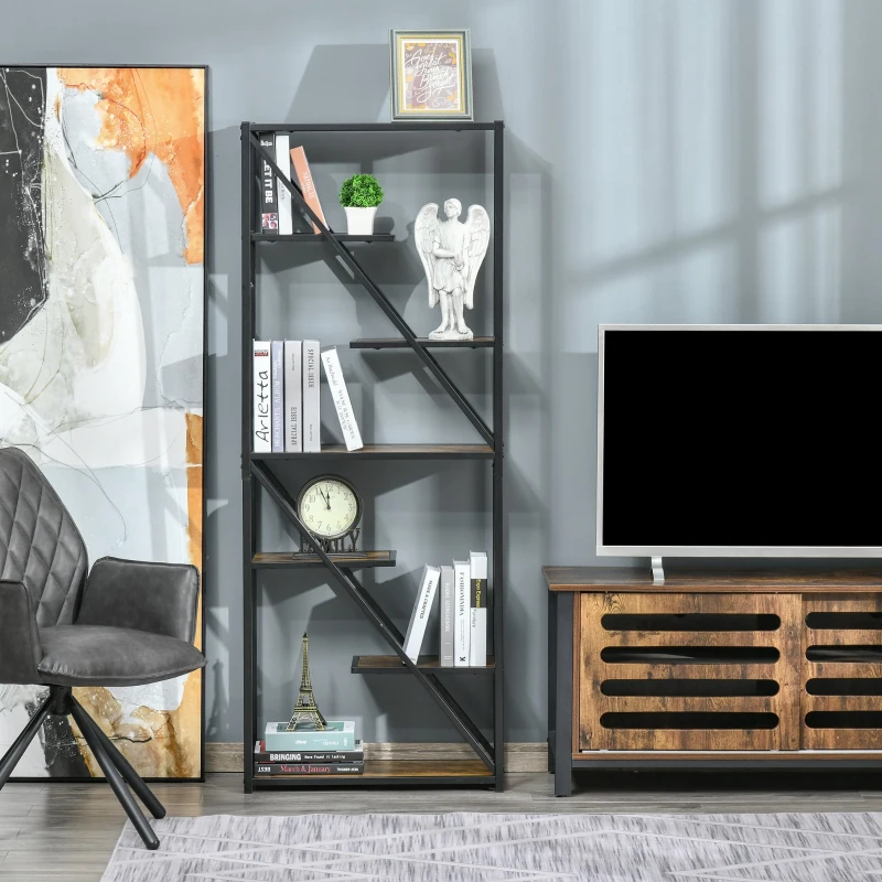 HOMCOM 6-Tier Storage Shelf with Metal Frame, Shelving Unit for Living Room, Office, Hallway, Industrial Style, 64W x 30D x 165Hcm, Rustic Brown