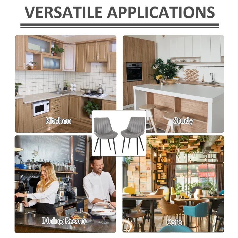 HOMCOM Set Of 2 PU Dining Chairs w/ Cushion Seat Steel Legs Foot Pads Ergonomic Back Home Kitchen Grey