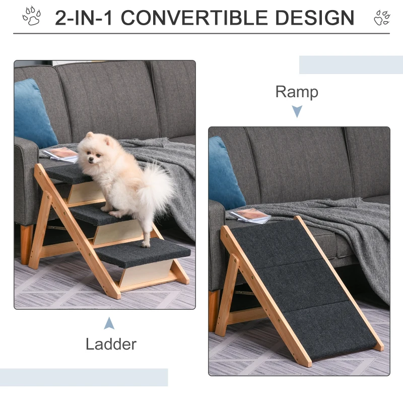 PawHut Dog Steps Pet Stairs 2 In 1 Convertible Dog Ramp Portable Foldable 3 Steps Cat Ladder for Bed Couch Car 60 x 47 x 50 cm