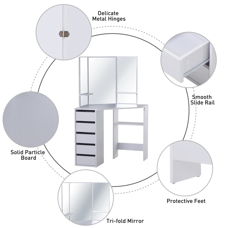 HOMCOM Particle Board Tri-Mirror Dressing Table w/ 5 Drawers & 2 Shelves White