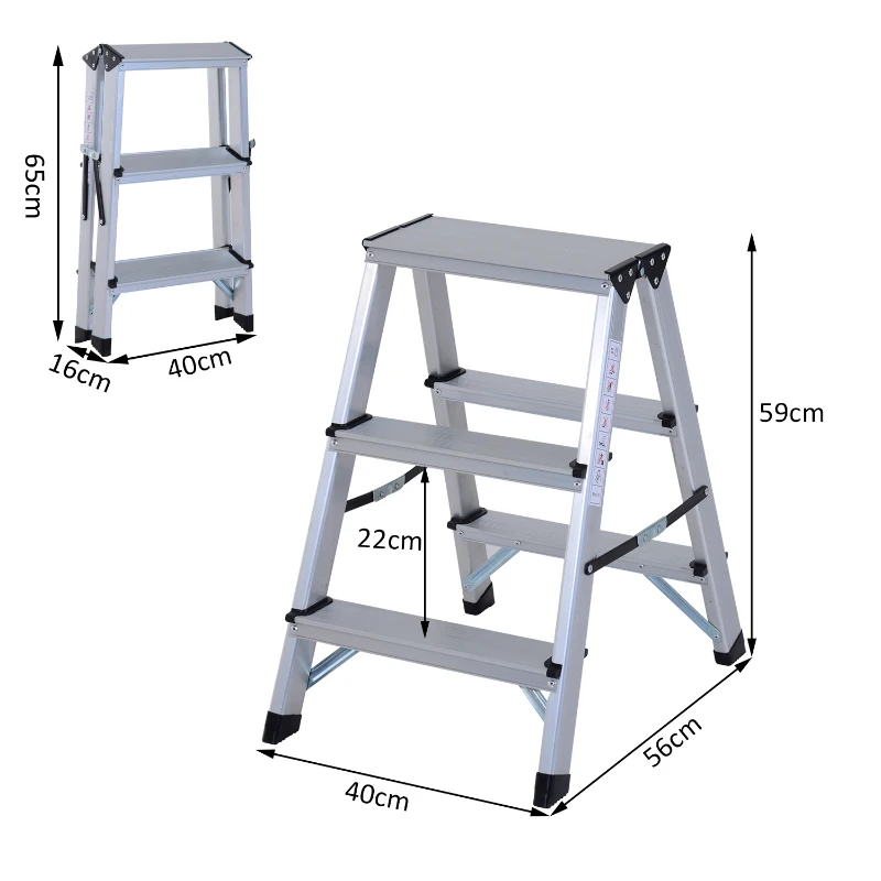 HOMCOM Aluminium Double Sided Step Ladder Folding A-type Household Stepper (3 Steps)