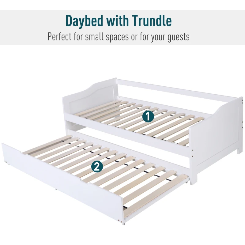 HOMCOM Single Trundle Bed in Double Layer Frame w/ Underbed Storage Drawer White