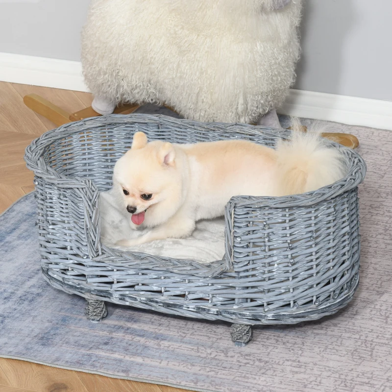 PawHut 70x40cm Woven Wicker Dog Bed Basket Pet Cat Sofa w/ Cushion Elevated Base Stylish Furniture Small Grey