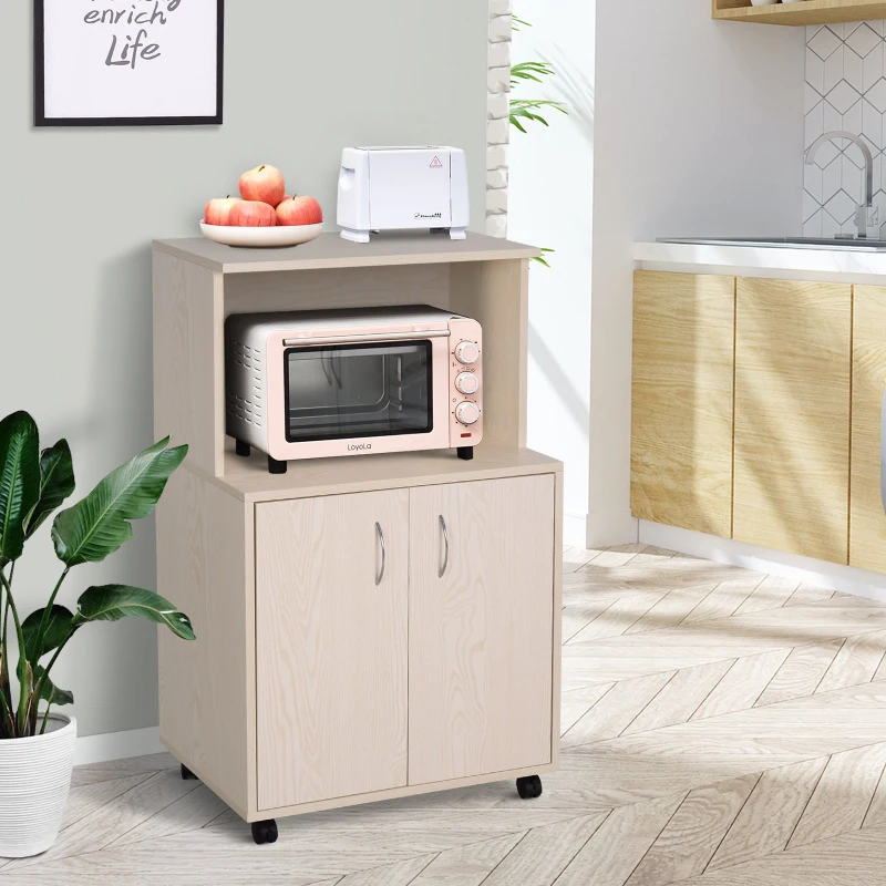 HOMCOM Rolling Kitchen Trolley Microwave Cart 2-Door Cabinet Storage Shelves w/ Wheels, 60.4W x 40.3D x 97Hcm