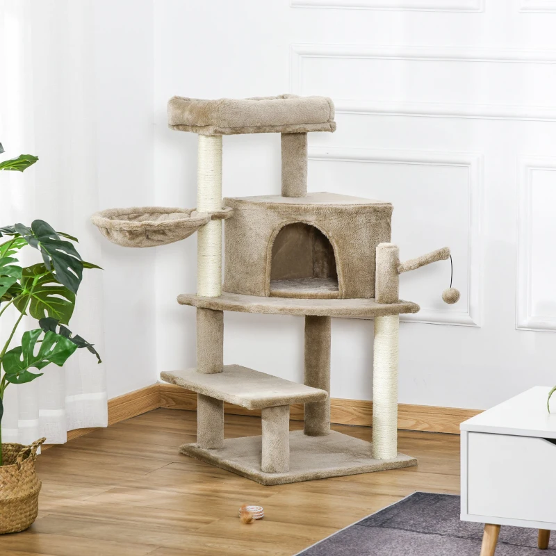 PawHut Cat Tree Tower for Indoor Cats 100cm Climbing Kitten Activity Centre with Sisal Scratching Post Perch Roomy Condo Hammock Bed Hanging Toy, Brown
