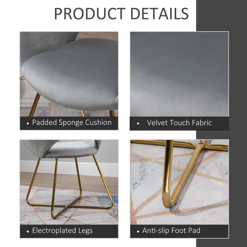 HOMCOM Modern Accent Chairs Velvet Upholstered Armchair with Gold Legs for Living room Bedroom Dinning Room Grey