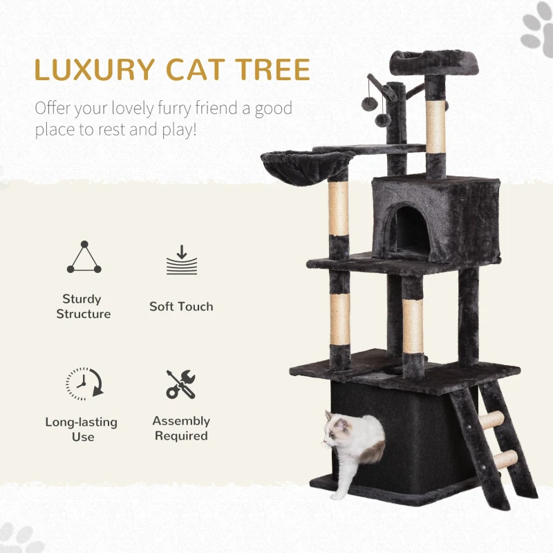 PawHut Cat Tree Tower for Indoor Cats 150cm Climbing Kitten Activity Center with Sisal Scratching Post Perch Hanging Ball Toy Hammock Ladder Double Condo Dark Grey