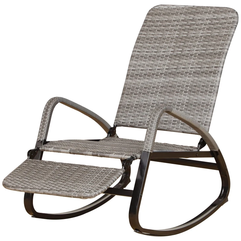Outsunny Patio Garden Rattan Rocking Lounge Chair Rocker Outdoor Foldable  Adjustable Recliner Seat with Footrest - Grey