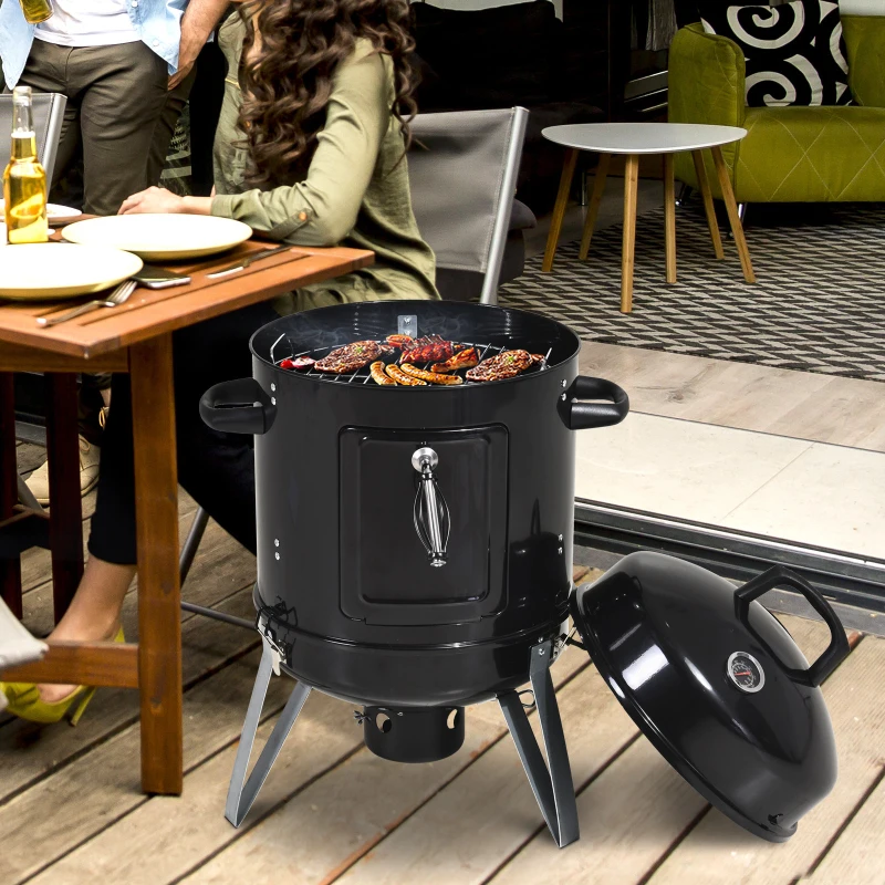 Outsunny Charcoal Smoker Grill 3 in 1 Design Round BBQ Roaster Barbecue with Built-in Thermostat, Water Pan and Hooks Camping Garden Patio Outdoor- Black