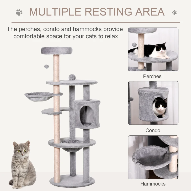 PawHut Cat tree Tower for Indoor Cats 158cm Climbing Kitten Activity Centre with Sisal Scratching Post Perch Hanging Ball Hammock Condo Toy Light Grey