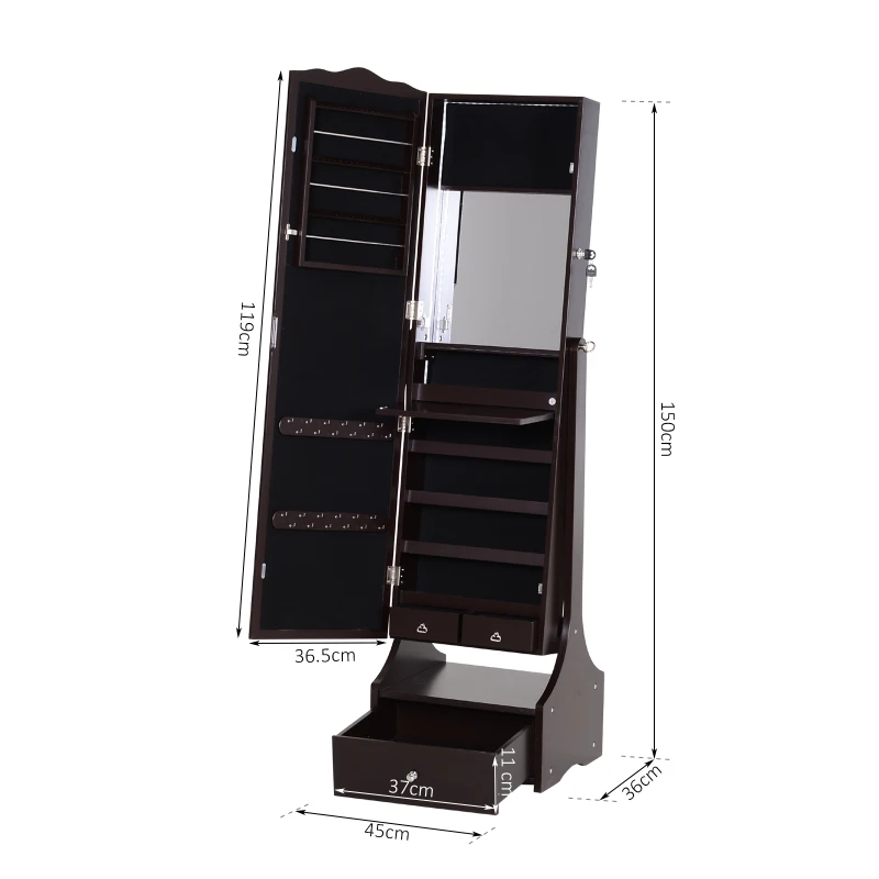 HOMCOM Freestanding Storage Mirror Full Length Jewellery Make Up Perfume Organisation w/ Bottom Drawer Lock LED Lights 150x45cm Brown