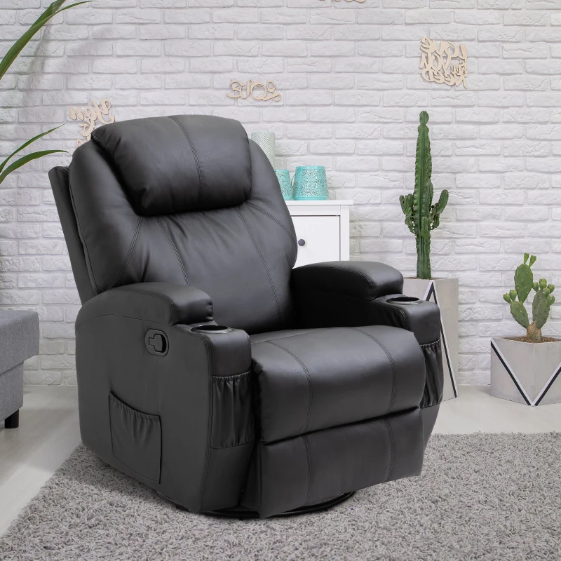 HOMCOM Luxury Leather Recliner Sofa Chair Armchair Cinema Massage Chair Swivel Heated Nursing Gaming Chair Black