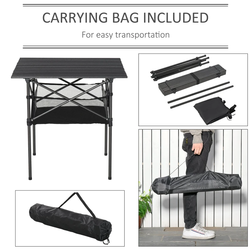 OUTSUNNY Aluminum Roll-Top Table w/ Mesh Bag Camping Outdoor Dining Foldable w/ Steel Frame Picnic Lightweight Hiking Furniture Desk, Black