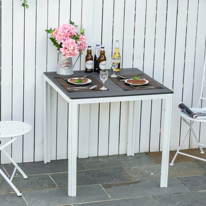 Outsunny Patio Garden Square Steel Dining Table w/ Wood-imitating PE Surface, Outdoor Furniture for Porches, Backyards, Gardens or Poolside Dark Grey