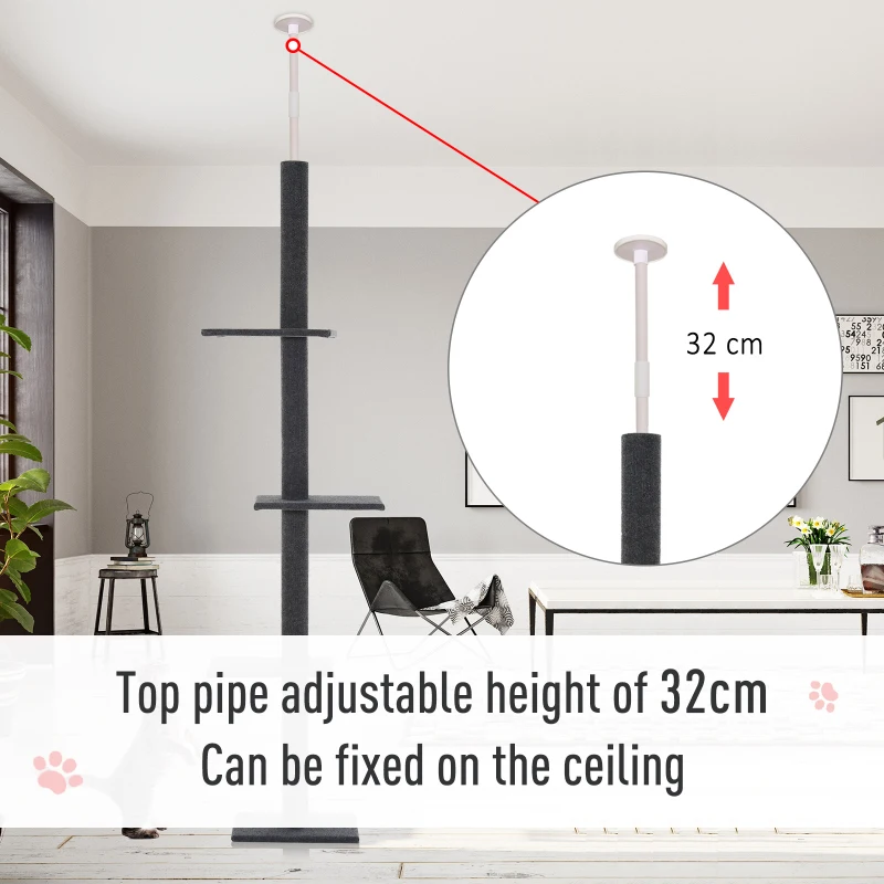 PawHut 260cm Floor To Ceiling Cat Tree for Indoor Cats w/ 3 Perches Flannel Upholstery Kitten Pet Rest Sleep Activity Tower Home Furniture Grey