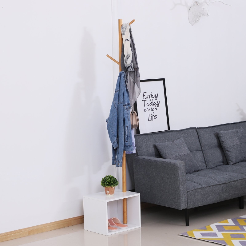 HOMCOM Coat Rack Storage Bench, 40Lx30Wx180H cm, Bamboo MDF-White and Natural Wood Colour