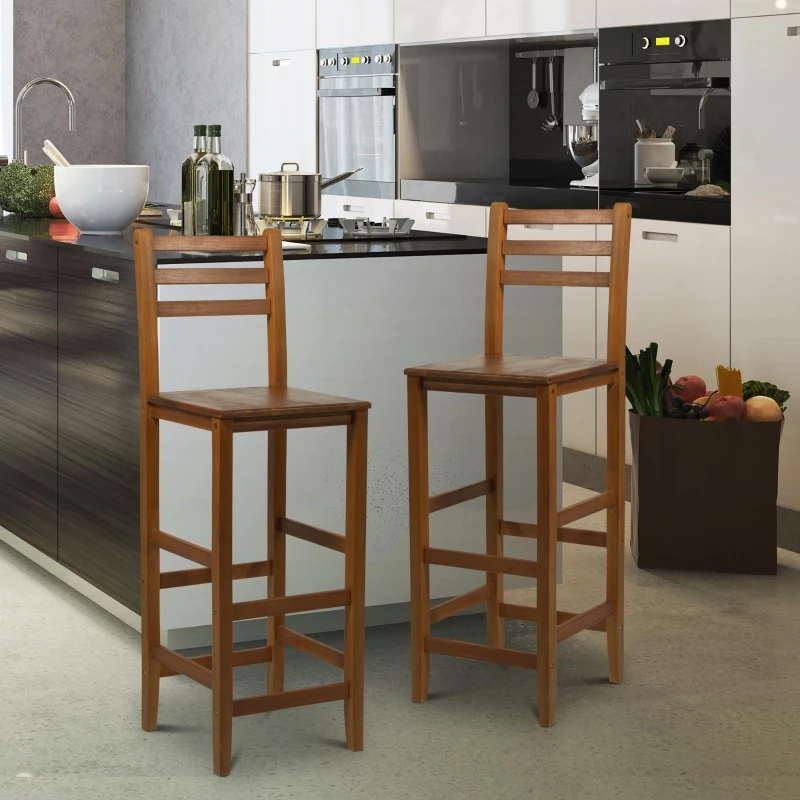 HOMCOM 2 PCs Bar Stools Chairs  W/ Footrest, Acacia Wood-Teak Colour