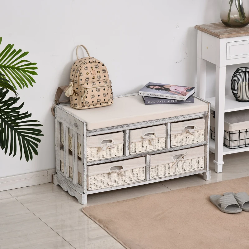 HOMCOM Wooden 5-Basket Drawer Shoe Bench Cream White