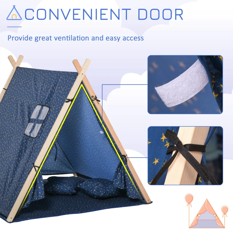 HOMCOM Kids Teepee Play Tent Portable Foldable Children Playhouse Toy for Boys and Girls with Mat Pillow Carry Case Indoor Outdoor Games Blue