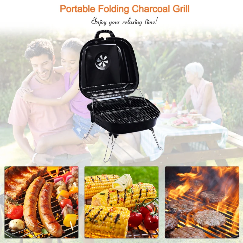 Outsunny Portable Charcoal BBQ Steel Iron Grill w/ Grid Black