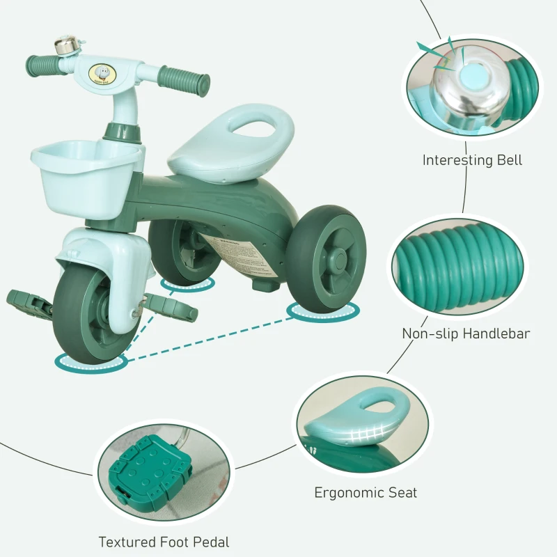 HOMCOM 3 Wheel Kids Tricycle Toddler Pedal Trike Ride on Bicycle with Front Back Basket Bell Balance Bike Boys Girls for 3 to 6 Years Green