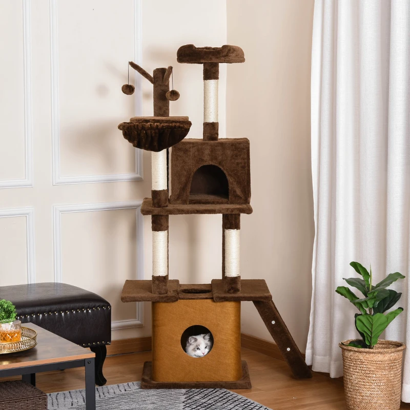 PawHut Cat Tree Tower for Indoor Cats 150cm Climbing Kitten Activity Center with Sisal Scratching Post Perch Hanging Ball Toy Hammock Ladder Double Condo Dark Brown