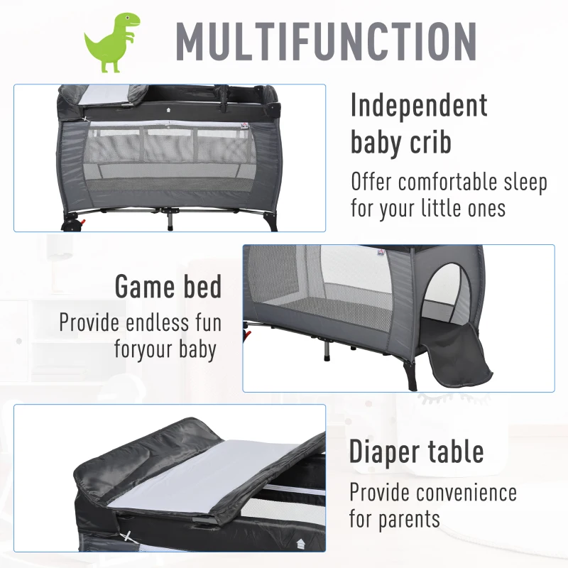 HOMCOM Portable Baby Infant Travel Cot Bassinet and Changing Top Metal Frame Mesh Panel Storage Pocket Locking Wheels 0-3 Yrs Grey