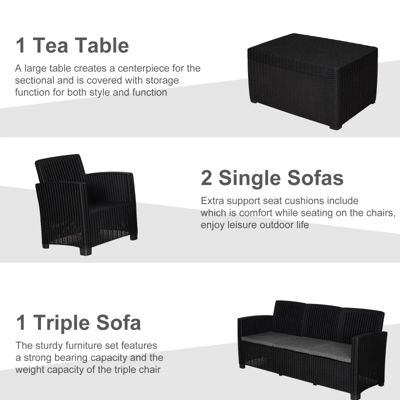 Outsunny Garden PP Rattan Style Sofa Table Set 5 Seater Outdoor Patio 2 Single Chairs & 1 Bench Conservatory Furniture Cushioned - Black