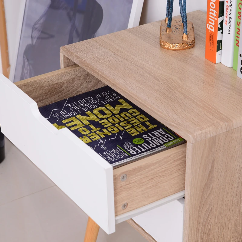 HOMCOM Freestanding Bedside Table with 2 Drawers, Wood Legs, Bedroom Nightstand, Cabinet Storage Organiser Unit, Oak