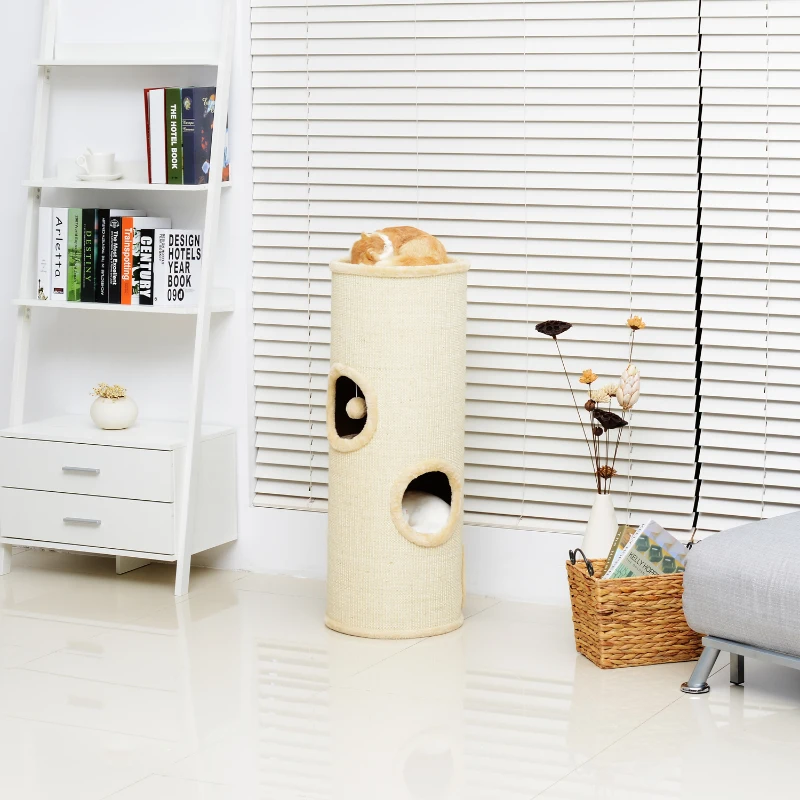 PawHut 97cm Height Cat Tree Scratching Barrel Activity Center Condo Kitten Bed Scratcher Climbing Climber Play House w/ 4 Holes & Hanging Toy