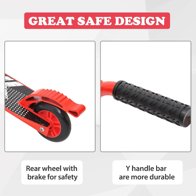 HOMCOM Outdoor Push Stunt Scooter 2 Wheels Fixed Bar 360° Street Commuter Street Push Scooter For Adult Teen Urban Scooter Red