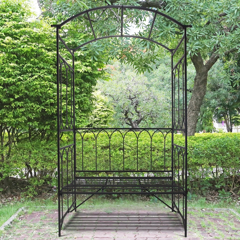 Outsunny Metal Frame Bench W/Arch, 115Lx50Wx203H cm-Black