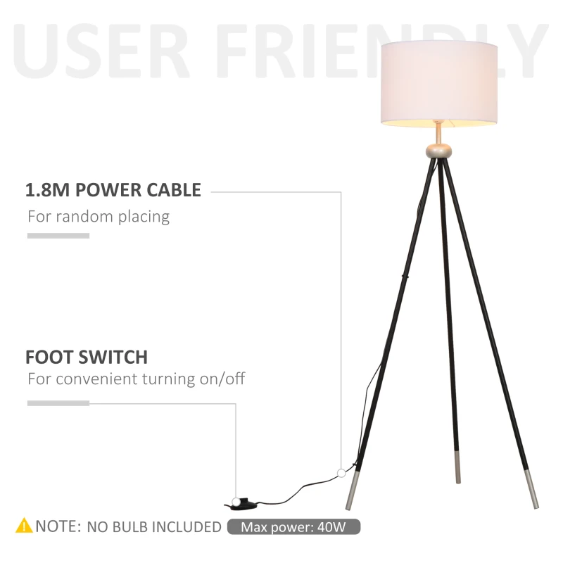 HOMCOM Modern Floor Lamp Free Standing Cloth Lampshade E27 Lamp Holder Metal Tripod Living Room Lamp Black + Silver 56 x 56 x 137cm